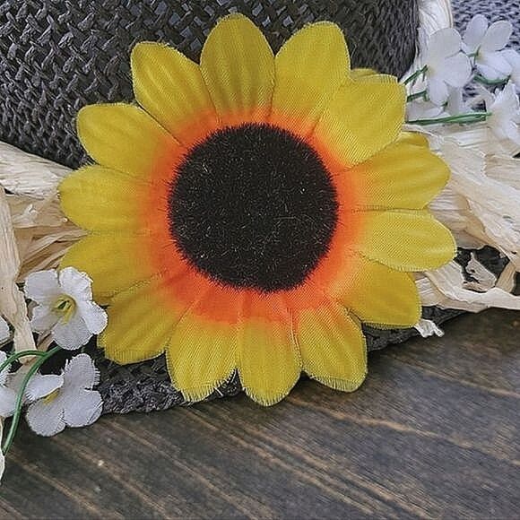 Vtg rafia sunflower band black straw sun hat - Picture 7 of 10